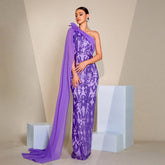 High Class Elegant Long Sleeve Diagonal Collar Ribbon Cocktail Sheath Sequined Evening Dress Dress